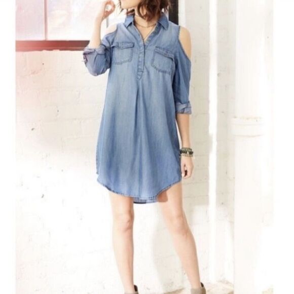 New Billy T Chambray Blue Denim Jean‎ Shirt Dress Cold Shoulder Lightweight - Picture 1 of 9